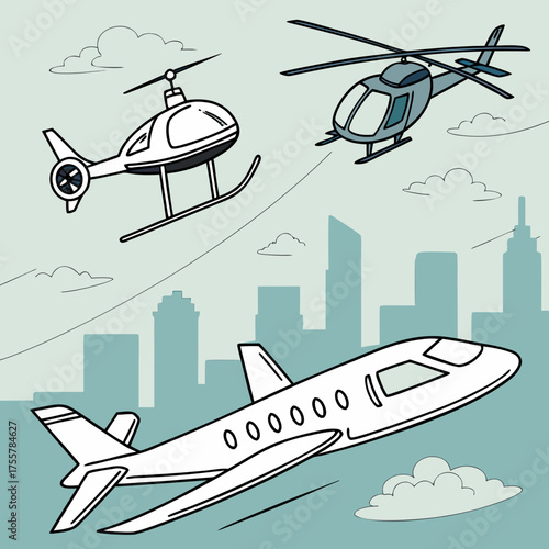 Illustration of aircrafts and city skyline in the background