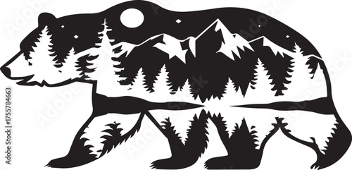 double exposure silhouette of a walking bear filled with a scenic mountain landscape