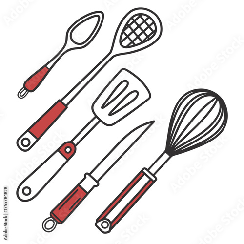 Kitchen utensils illustration with red handles