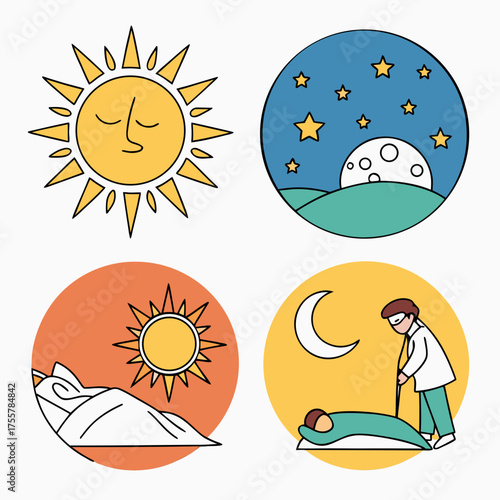 Illustrations showing day and night, sleep, and a person with a sleep disorder