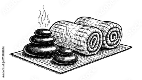 Hand-Drawn Massage Stones and Towels in Vintage Sketch Style. Vector Illustration for Relaxation and Wellness Concepts.