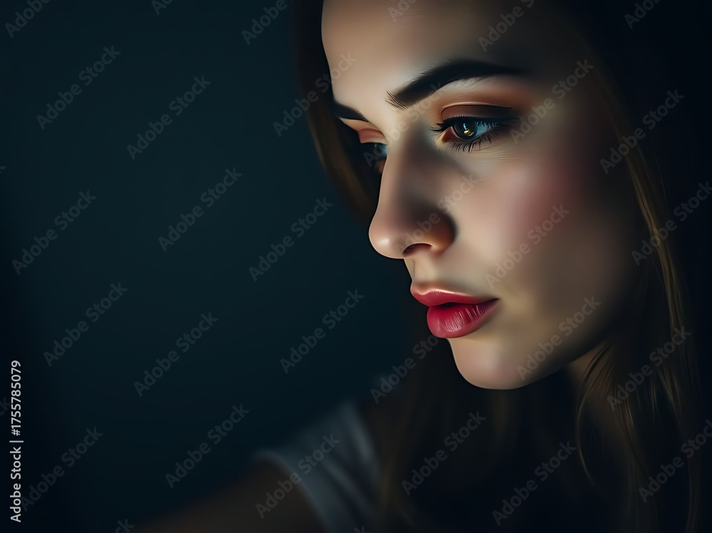 Fototapeta premium Portrait of a Young Woman with a Thoughtful Gaze in Soft Light