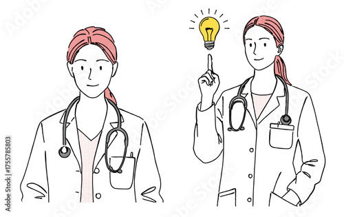 アイデア（電球）がひらめいた女性医師の線画イラストセット,ひらめき,解決,医療,病院,笑顔