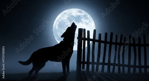 Silhouette of Wolf Howling at Full Moon Behind Wooden Fence Under Starry Blue Night