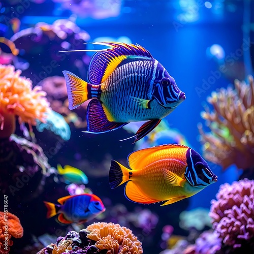 Vibrant marine life with colorful fish swimming near coral reefs, a captivating underwater scene