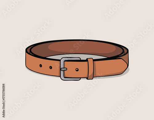 A cartoonstyle brown belt with a silver buckle is centered on a beige background