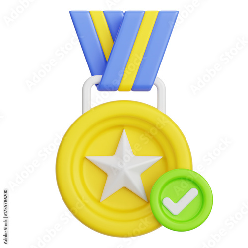 A Golden Medal With A Blue and Yellow Ribbon And A Green Checkmark Circle Accenting Its Victory And Success On A Transparent Background