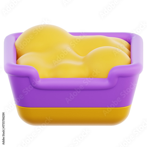 A purple and yellow litter box filled with yellow litter a pet hygiene accessory isolated on a transparent background.