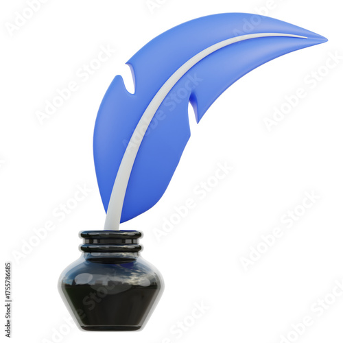 A Vibrant Blue Feather Quill Rests in a Black Inkwell Isolated on a Transparent Background