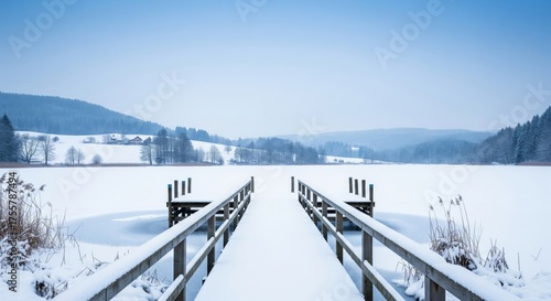 Wallpaper Mural Wooden Dock Covered in Snow on a Frozen Lake Surrounded by Snowy Evergreen Trees Torontodigital.ca