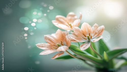 Beautiful peach tulips with morning dew drops and bokeh background.