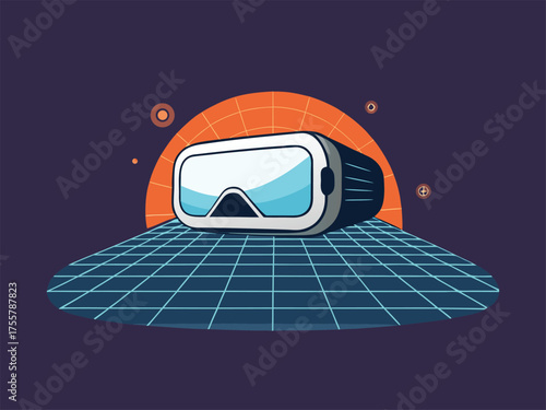 Futuristic vr headset projecting a digital landscape with glowing grid lines and abstract shapes