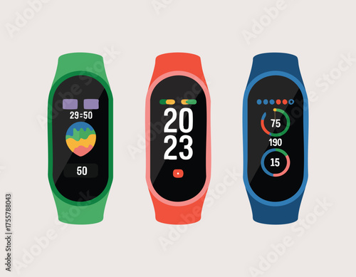 Three fitness trackers each with a distinct colored band  screen showing varied data visualizations