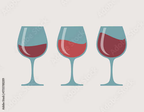 Three wine glasses with varying fill levels of red liquid stand in a neat row against a cream background