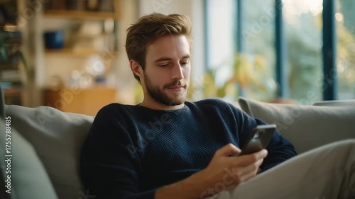 Smiling man enjoying time at home while using smartphone on cozy sofa in bright living room