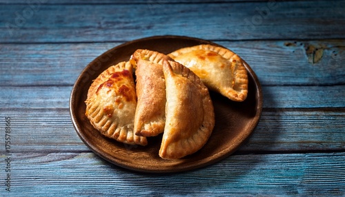 Traditional Baked Argentine Empanadas Savoury Pastries With Meat Beef Stuffing Against Wooden Background