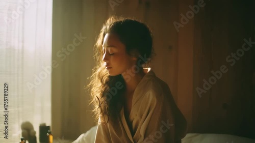 Morning relaxation routine in a cozy bedroom with soft natural light shining through