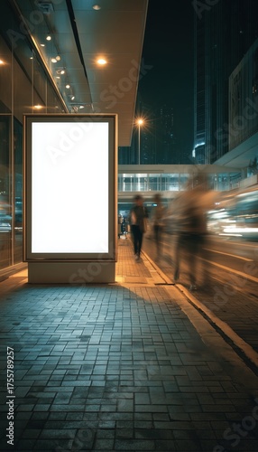 Blank advertising mockup at a city bus stop on a sunny day.