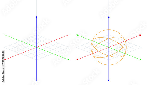 Vector 3d coordinate system. Orthogonal grid with three axes X Y Z forming geometric space. Abstract wireframe math illustration. Modern educational background design isolated on white surface