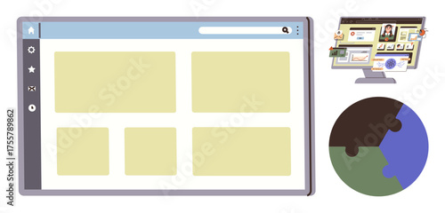 Browser with blank content blocks, monitor displaying interactive workspace, global jigsaw puzzle piece. Ideal for teamwork, workflow, networking, planning, education, project management simple flat