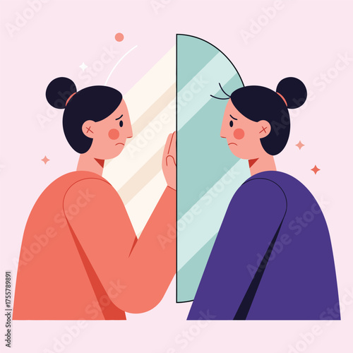 A woman looking at her reflection in the mirror with sadness and disappointment