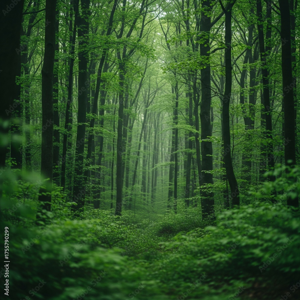Obraz premium Lush Green Forest Path with Sunlight and Tall Trees