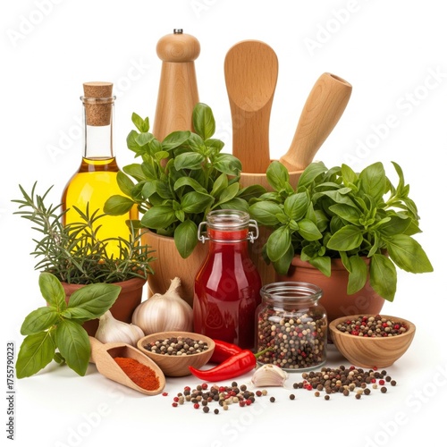 Fototapeta Naklejka Na Ścianę i Meble -  Arrangement of Herbs and Spices with Olive Oil on White Surface