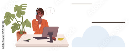 Woman wearing headset sitting at desk with computer, providing assistance. Ideal for customer service, communication, technology, workspace, productivity, professionalism, simple flat metaphor