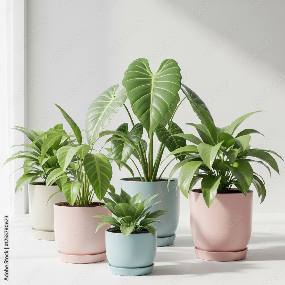 Obraz premium Various Green Potted Plants in Pastel Color Ceramic Pots on Table