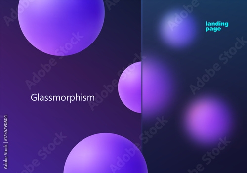 Dark futuristic glass morphism background with glowing purple spheres and transparent panel for modern landing pages
