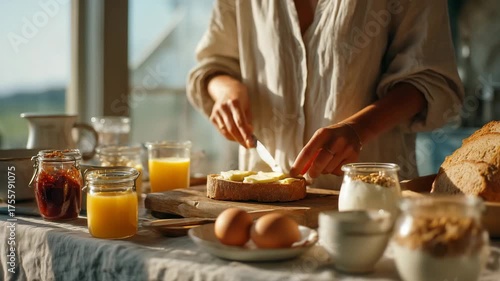 Preparing a simple breakfast with fresh ingredients and homemade bread in a cozy kitchen