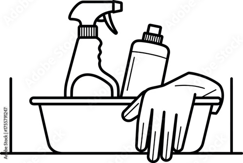  Line drawing of cleaning supplies including spray bottle, bottle, and glove in a basin