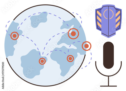Globe with connected points, dynamic microphone, and shield icon. Ideal for communication, broadcasting, networking, cybersecurity, global teamwork podcasting and digital safety. Simple flat