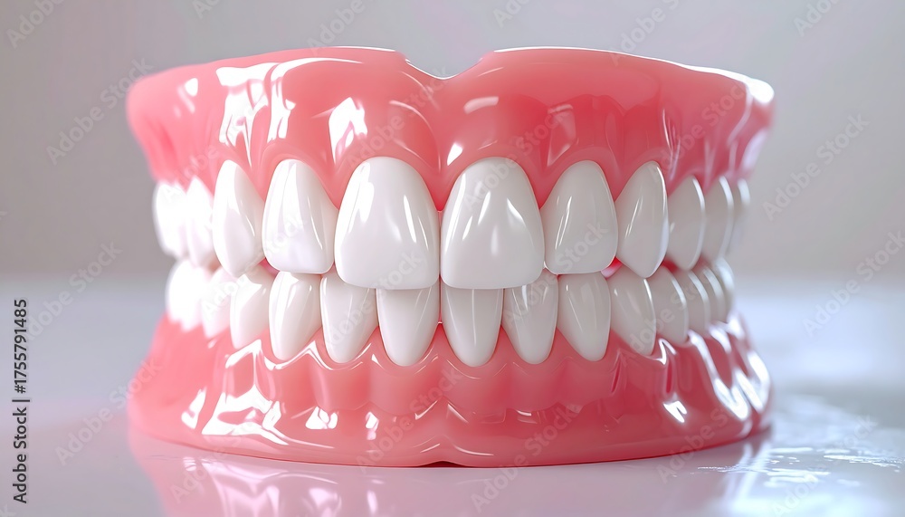 Obraz premium A close-up studio shot showcases a set of dentures. They are pink, contrasting sharply with the bright white, perfect teeth they contain