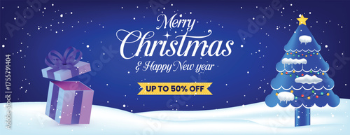 Creative Christmas and New Year Sale Banner Template with Festive Ornaments, Snowy Background, and Stylish Typography for Winter Holiday Discount and Seasonal Offer Promotion Design