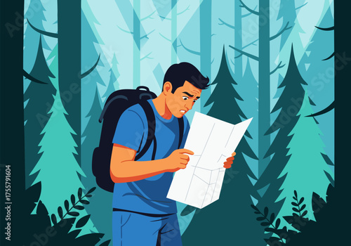 Lost adventurer in a dense forest, meticulously studying a folded map to find his way, facing a common dilemma during travel or exploration