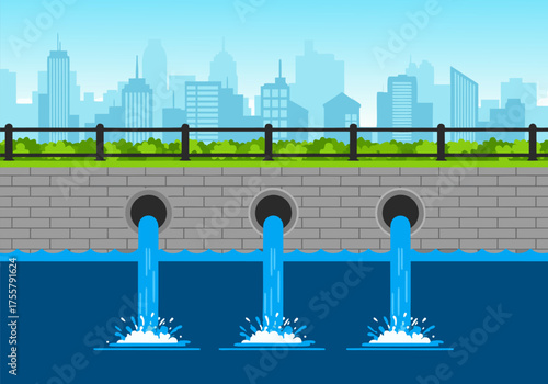 Urban wastewater discharge into a river with a cityscape background