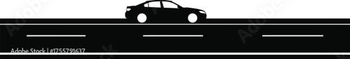 A black car drives on a straight road with white lines, isolated on white background, symbolizing travel, transportation, and modern lifestyle