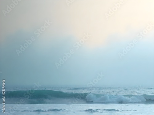 Misty Ocean Serenity Captivating Wave Scene at Dawn's Break Mysterious Tranquility and Coastal Beauty Peaceful Seascape Blue Hues