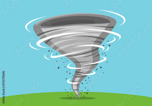 Illustration of a swirling tornado with debris and wind, symbolizing natural disaster and extreme weather conditions