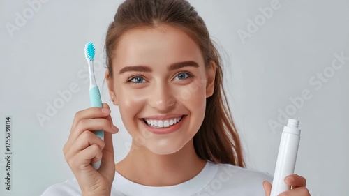 Smiling woman holding toothbrush and toothpaste with bright white background, promoting dental hygiene tips and habits