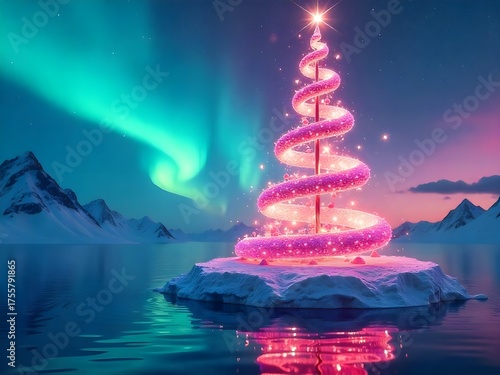 Christmas Tree Under Aurora Borealis A Holiday Spectacle in a Snowy Winter Wonderland Landscape with Reflections on the Water