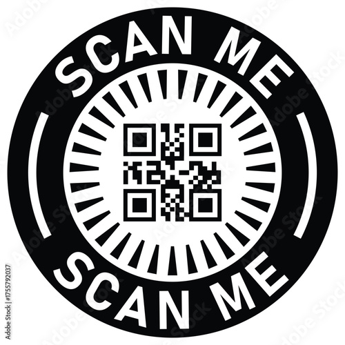 A bold, circular, black and white vector badge featuring a QR code centered within targeting marks. The phrase "SCAN ME" is repeated around the edge, promoting quick digital interaction, linking, or i
