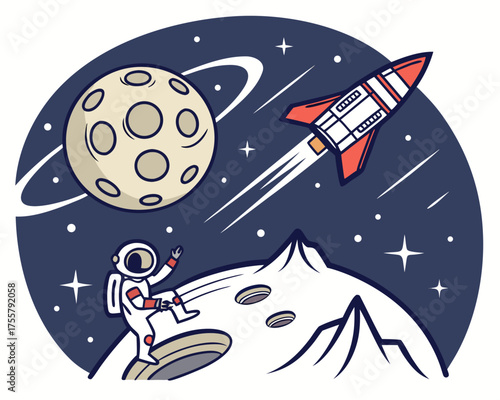 Astronaut on moon with rocket and planet in space illustration