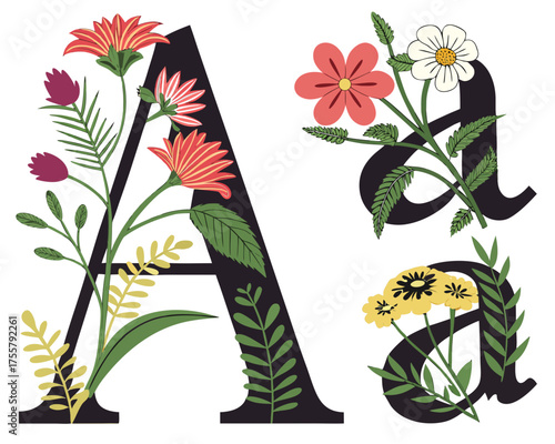 Floral alphabet letters with flowers and leaves
