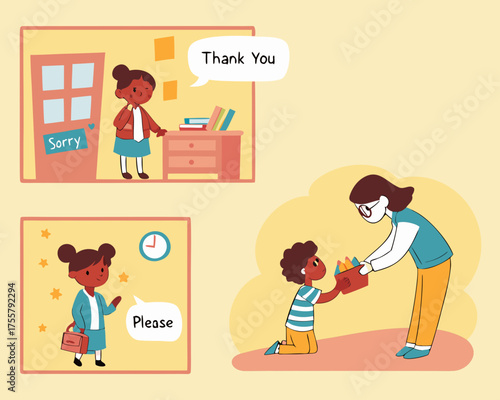 Illustration depicting a childs expressions of gratitude and politeness in school