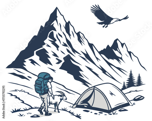 Illustration of a hiker with a goat camping in the mountains