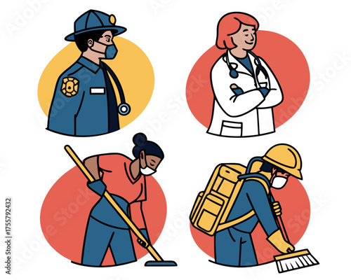 Illustrations of essential workers wearing masks