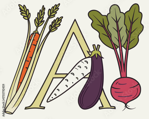 Letter a with vegetables, including carrots, eggplant, and beets on
