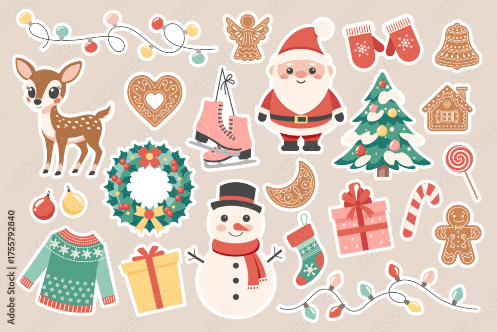 Fototapeta premium Christmas holiday elements collection. Cute winter holiday stickers. Santa snowman candies christmas tree garland reindeer gingerbreads skates. 